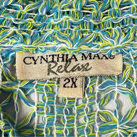 CYNTHIA MAX RELAX 3/4 Sleeve Button Front Blue Yellow Green Knit Cardigan Sz 2X - Picture 14 of 16